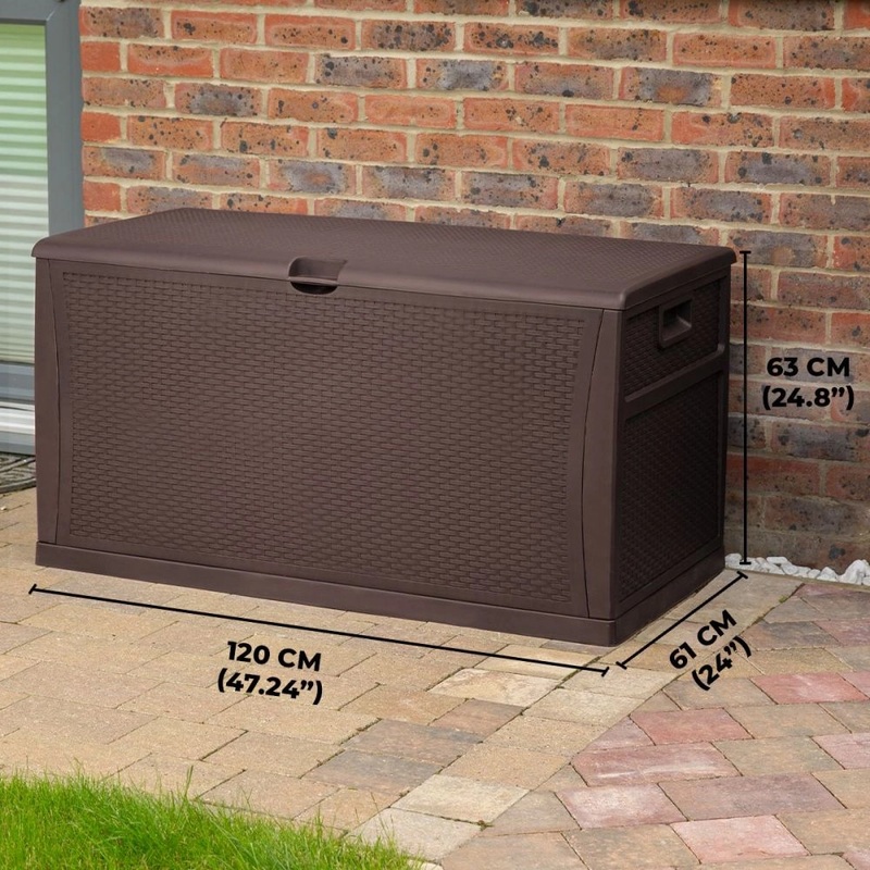 Caja de almacenamiento para exteriores TOUGH MASTER 460L plstico, aspecto de ratn, tapa abatible con pestillo, impermeable y resistente a la intemperie, 120 x 61 x 63 cm, marrn (TM-SBR46)