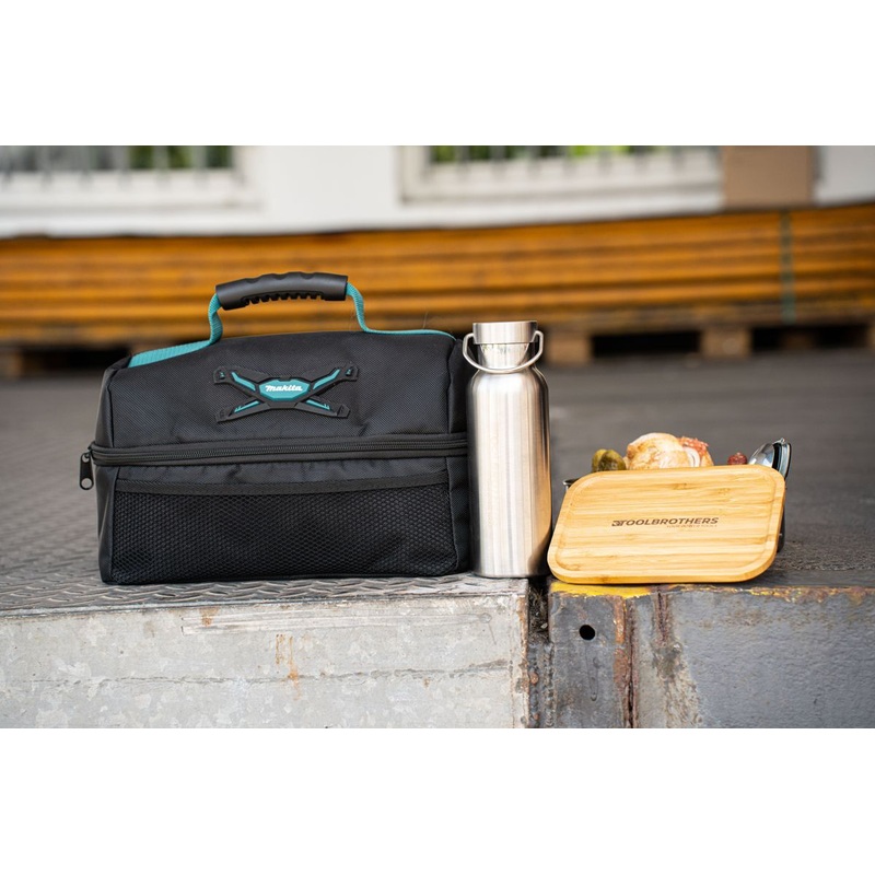 Almuerzo para fanticos de Toolbrothers en bolsa refrigeradora Makita con fiambrera de acero inoxidable con tapa de bamb de 1200 ml + botella de bebida de acero inoxidable de 500 ml + cubiertos multifuncionales 4 en 1