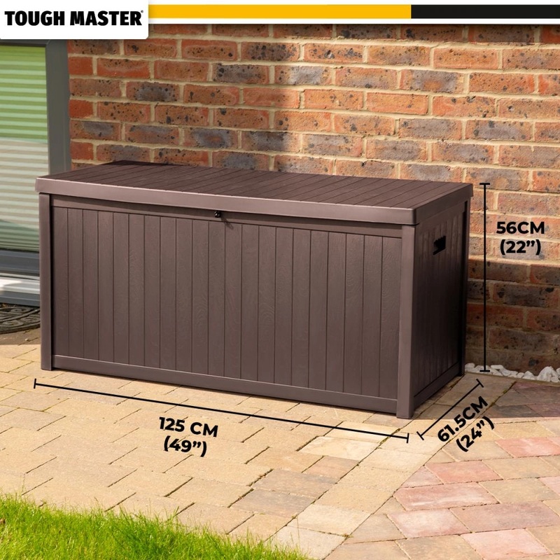 Caja de almacenamiento de plstico TOUGH MASTER 430L con bisagras, asa lateral, tapa con cerradura, resistente al agua y a la intemperie con apariencia de madera ( TM-SBW43H )