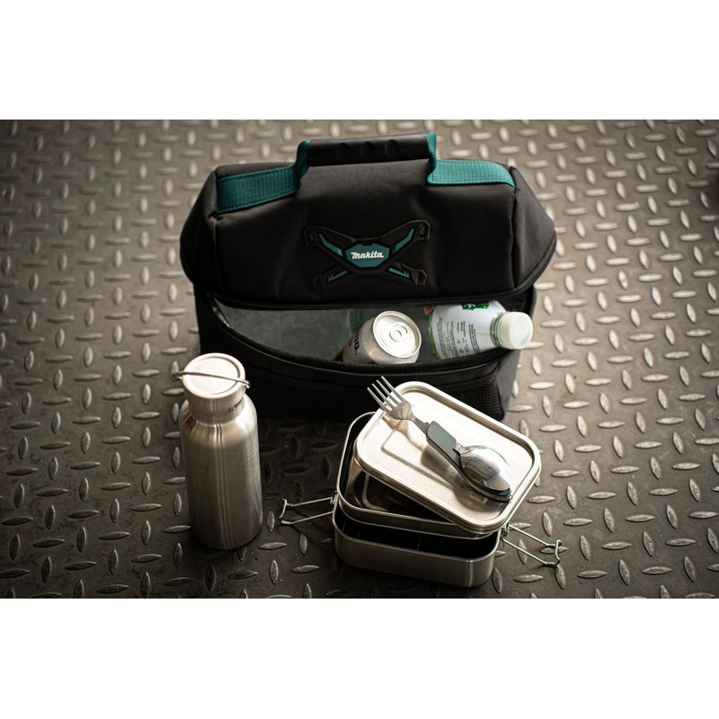 Toolbrothers fan pack lunch en bolsa nevera Makita con fiambrera de acero inoxidable con divisores y tapa de acero inoxidable de 1200 ml + botella de acero inoxidable para beber de 500 ml + cubiertos multifuncionales 4 en 1