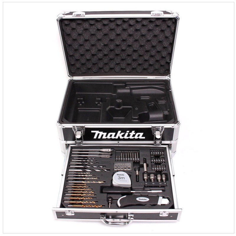 Maletn para cajones de herramientas de aluminio Makita que incluye un juego de herramientas de 59 piezas con inserto para modelos de 12 V