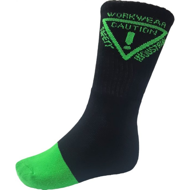 Caution Work Socks - 5 Pack Black/Green-Size 8-10