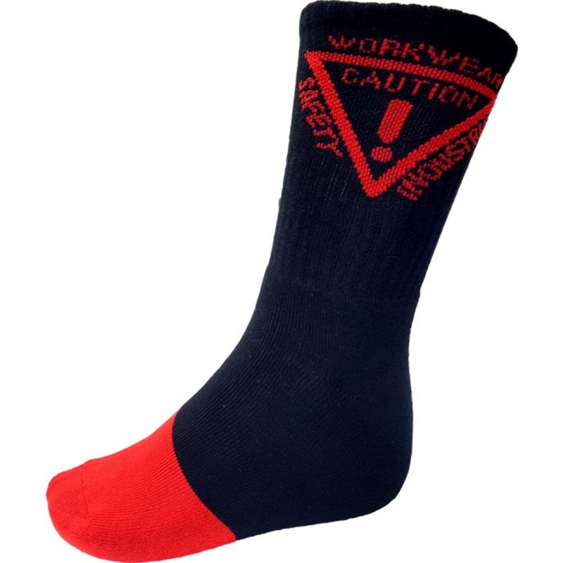 Caution Work Socks - 5 Pack Black/Red-Size 5-7