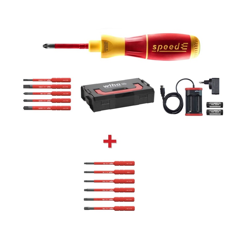 Juego de destornilladores electrnicos Wiha speedE 1 + L-Box + 2 bateras de 1,5 Ah + cargador + puntas (41911) + juego de puntas slimBit electric Torx set 6 piezas (42210)