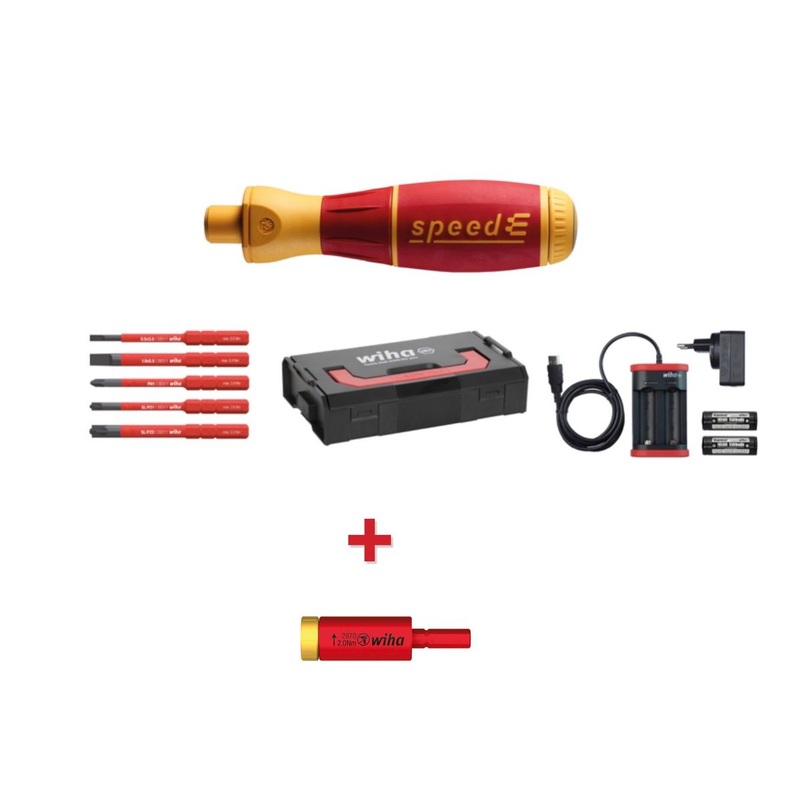 Juego de destornilladores electrnicos Wiha speedE 1 + L-Boxx - 10 piezas + 2x batera de 1,5 Ah + cargador + puntas (41911) + Easy Torque Adapter 2,0 Nm (41342)