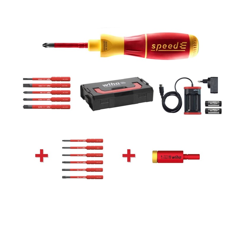 Juego de destornilladores electrnicos Wiha speedE 1 + L-Boxx + 2x batera de 1,5 Ah + cargador + puntas (41911) + adaptador Easy Torque (41342) + juego de puntas Torx set 6 piezas (42210)