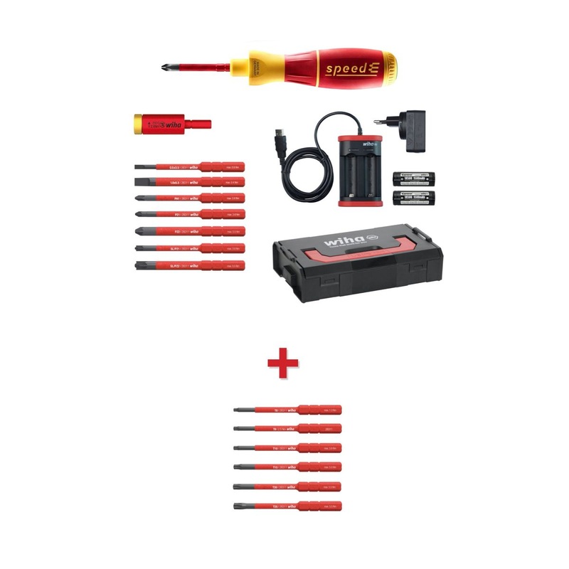 Juego de destornilladores electrnicos Wiha speedE 2 + L-Boxx 13 piezas + 2 bateras de 1,5 Ah + cargador + puntas / adaptador dinamomtrico (41912) + juego de puntas slimBit Torx 6 piezas (42210)