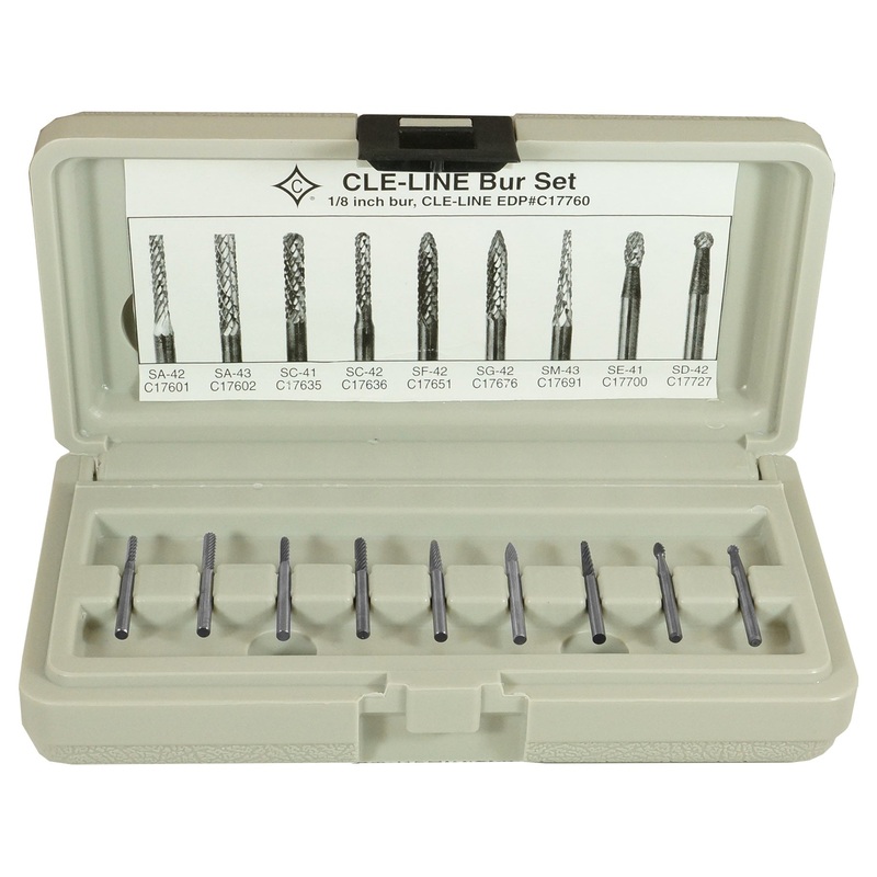 Cle-Line C17760 3/32 in. and 1/8 in. Diameters Standard Cut Carbide Burr Set with 1/8 in. Carbide Shanks, 9 Piece Set