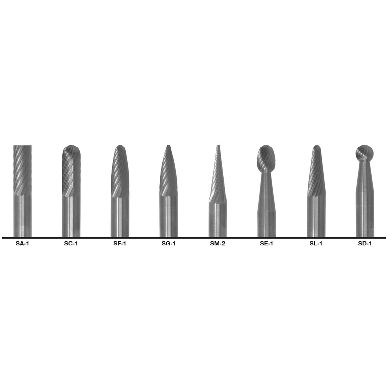 Cle-Line C17762 1/4 in. Diameter Standard Cut Carbide Burr Set with 1/4 in. Carbide Shanks, 8 Piece Set
