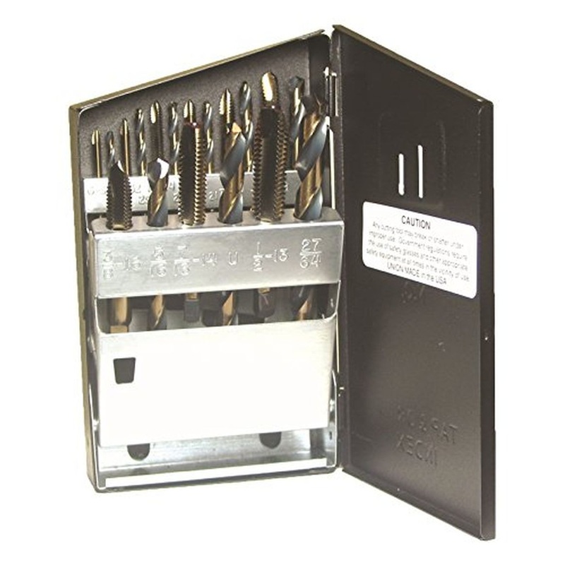 Viking Drill and Tool 57580 Gold Oxide Tungsten Spiral Point Plug Style Drill/Tap Set with Metal Case, 18 Piece Set