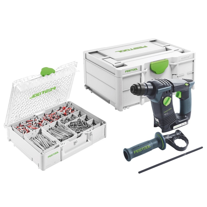 Festool BHC 18 Basic martillo perforador a batera 18 V 25 Nm 1,8 J SDS Plus Brushless (576511) + 650 tornillos y tacos + Systainer - sin batera, sin cargador