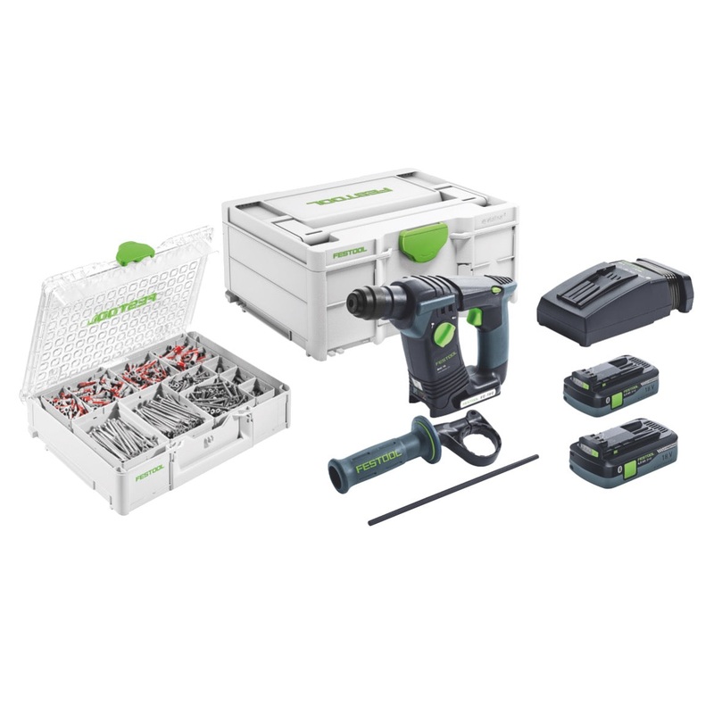 Festool BHC 18 HPC 4.0 I-Plus martillo perforador a batera 18 V 25 Nm 1,8 J SDS Plus sin escobillas + 2 bateras recargables 4,0 Ah + cargador + 650 piezas Surtido de tornillos y tacos + Systainer
