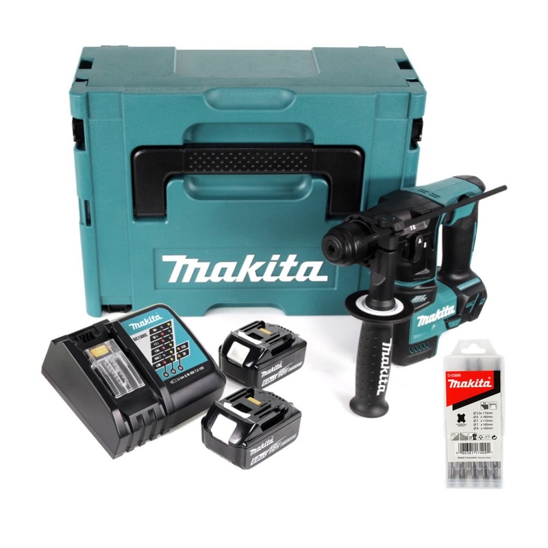 Makita DHR 171 18 V Taladro percutor inalmbrico de 2 etapas sin escobillas SDS Plus + 2 bateras 6,0 Ah + cargador + juego de brocas de metal duro de 5 piezas + Makpac