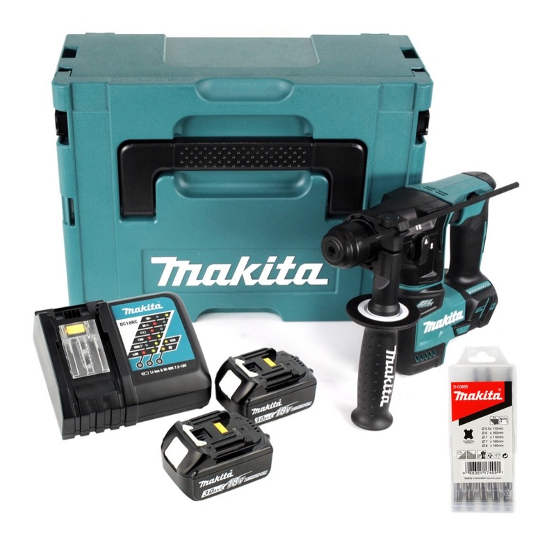 Makita DHR 171 RFJ 18 V Taladro percutor inalmbrico sin escobillas de 2 etapas SDS Plus + 2 bateras 3,0 Ah + cargador + juego de brocas de metal duro de 5 piezas + Makpac