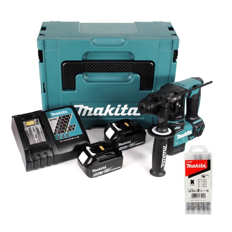 Makita DHR 171 RTJ 18 V Taladro percutor inalmbrico sin escobillas de 2 etapas SDS Plus + 2 bateras 5,0 Ah + cargador + juego de brocas de metal duro de 5 piezas + Makpac