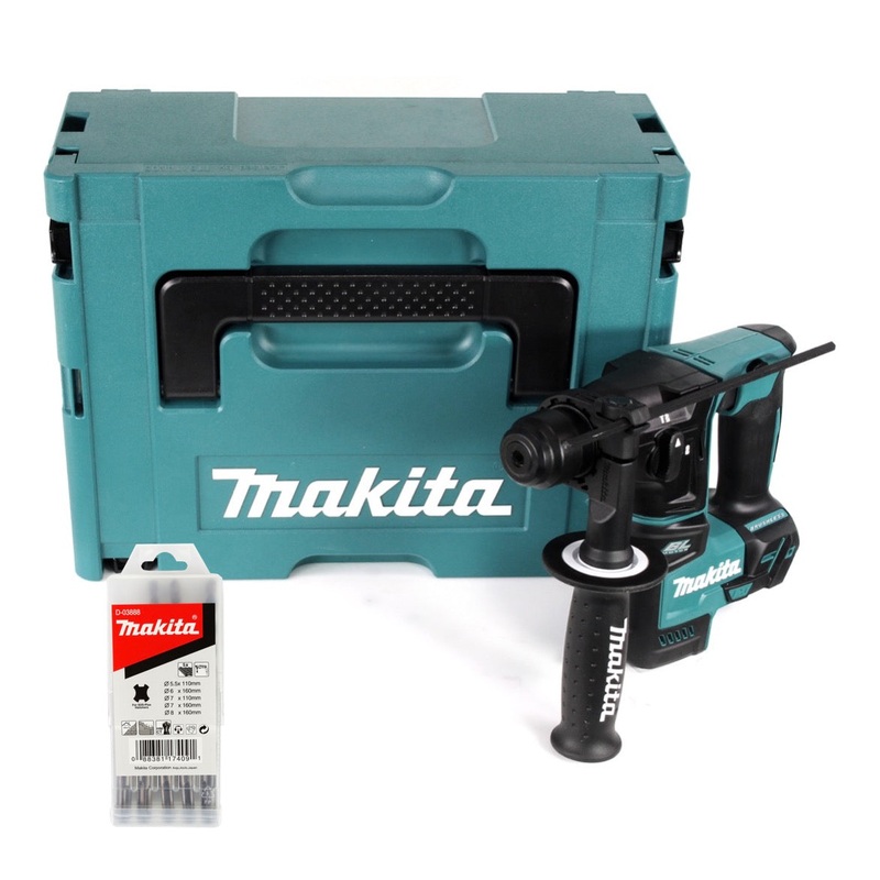 Makita DHR 171 ZJ 18V Taladro percutor inalmbrico sin escobillas de 2 etapas SDS Plus + Makpac + juego de brocas de metal duro de 5 piezas para mampostera y hormign - sin batera, sin cargador
