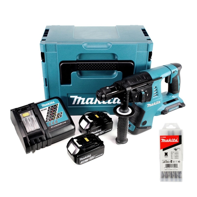 Makita DHR 264 2 x 18 V / 36 V Li-Ion SDS Plus martillo perforador inalmbrico en Makpac 4 con inserto + 2 x batera de 3,0 Ah + 1 x cargador + 5 brocas