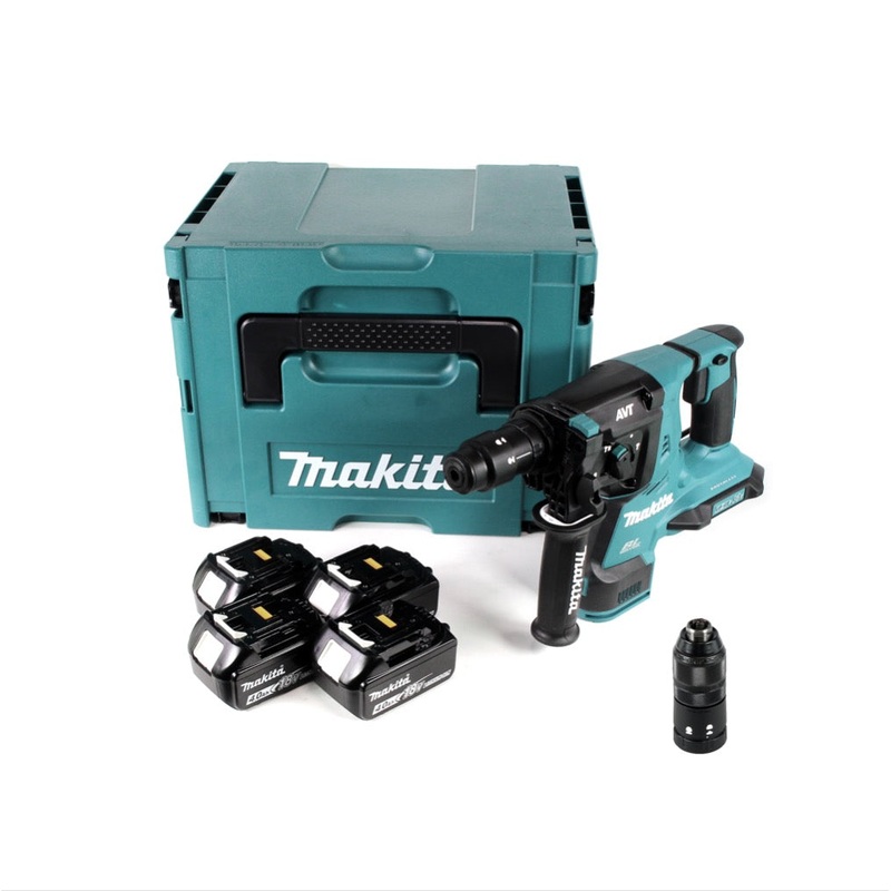 Makita DHR 281 M4J taladro percutor inalmbrico sin escobillas 28 mm 2x 18 V para SDS-PLUS con mandril de cambio rpido en Makpac + 4x 4.0 Ah batera - sin cargador