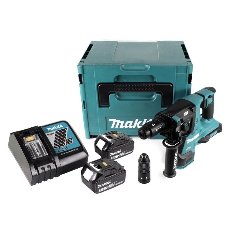 Taladro percutor a batera Makita DHR 281 RTJ sin escobillas 28 mm en Makpac con 2x 18 V 5 Ah/5000 mAh batera y cargador