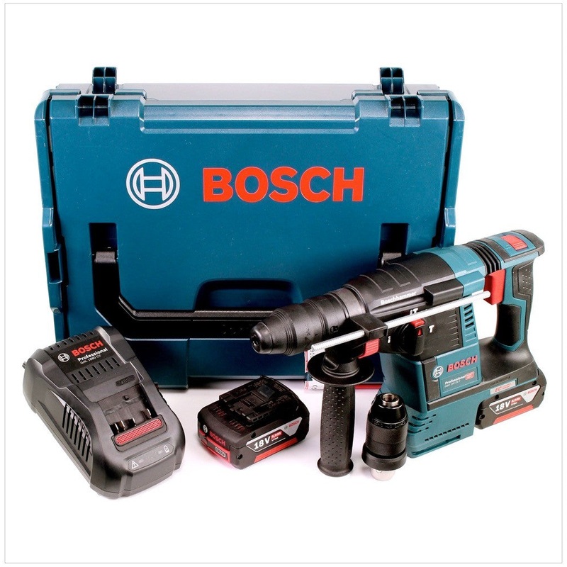 Taladro percutor inalmbrico Bosch GBH 18V-26 F 18V 2.6J SDS-Plus en L-Boxx con 2 bateras de 6Ah, cargador y juego de taladro y cincel