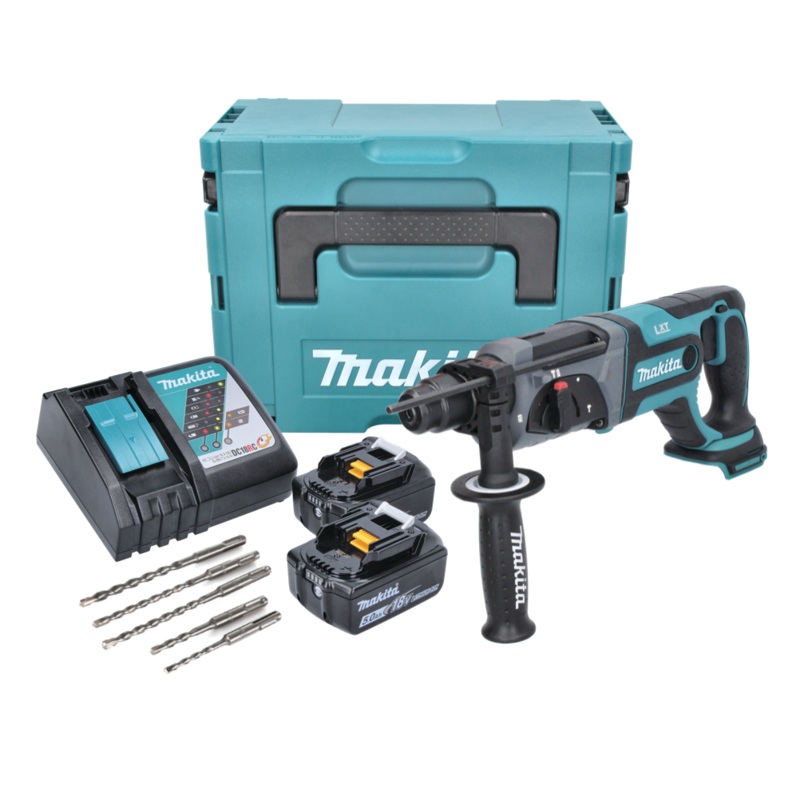 Taladro percutor inalmbrico Makita DHR 241 RTJ 18 V 2,0 J SDS plus + 2x bateras 5,0 Ah + cargador + juego de taladros de 5 piezas + Makpac