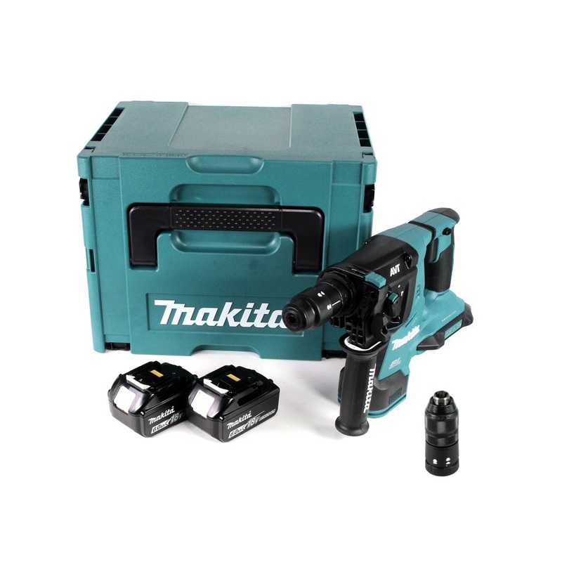 Taladro percutor inalmbrico sin escobillas Makita DHR 281 GJ 28 mm 2x 18 V para SDS-PLUS con mandril de cambio rpido en Makpac + 2x batera 6.0 Ah - sin cargador