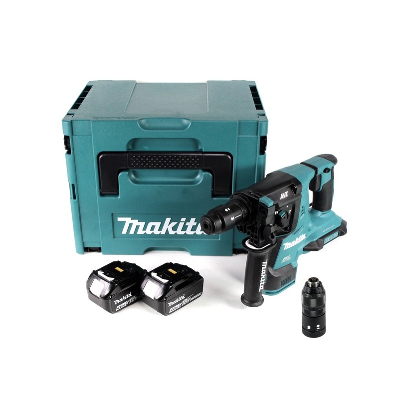 Taladro percutor inalmbrico sin escobillas Makita DHR 281 MJ 28 mm 2x 18 V para SDS-PLUS con mandril de cambio rpido en Makpac + 2x batera 4.0 Ah - sin cargador