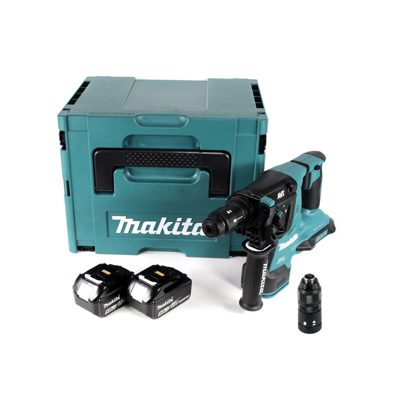 Taladro percutor inalmbrico sin escobillas Makita DHR 281 TJ 28 mm 2x 18 V para SDS-PLUS con mandril de cambio rpido en Makpac + 2x batera 5.0 Ah - sin cargador