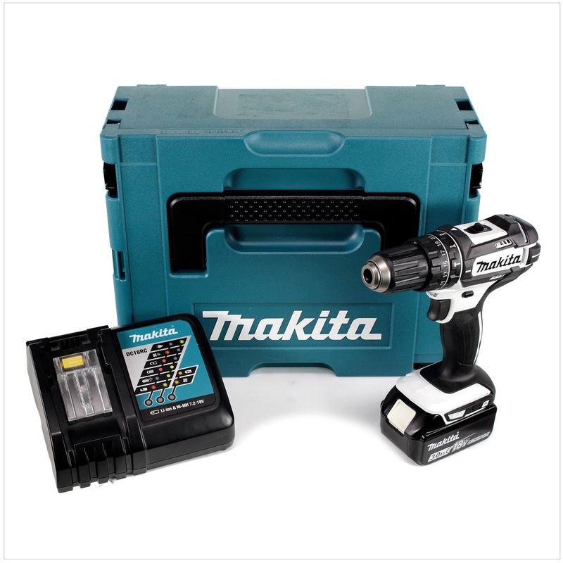 Makita DHP 482 RF1J W Taladro percutor inalmbrico 18 V 62 Nm + 1x batera 3,0 Ah + cargador en Makpac