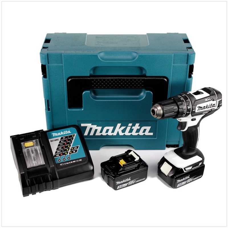 Makita DHP 482 RFJ W Taladro percutor inalmbrico 18 V 62 Nm + 2x bateras 3.0Ah + cargador + Makpac