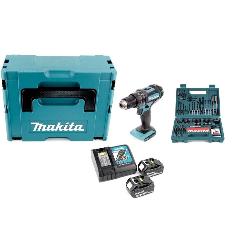 Makita DHP 482 RTJ - Taladro de impacto inalmbrico de iones de litio de 18 V en Makpac + 2 bateras de 5,0 Ah + cargador + juego de brocas y brocas Makita B-53811 100 piezas