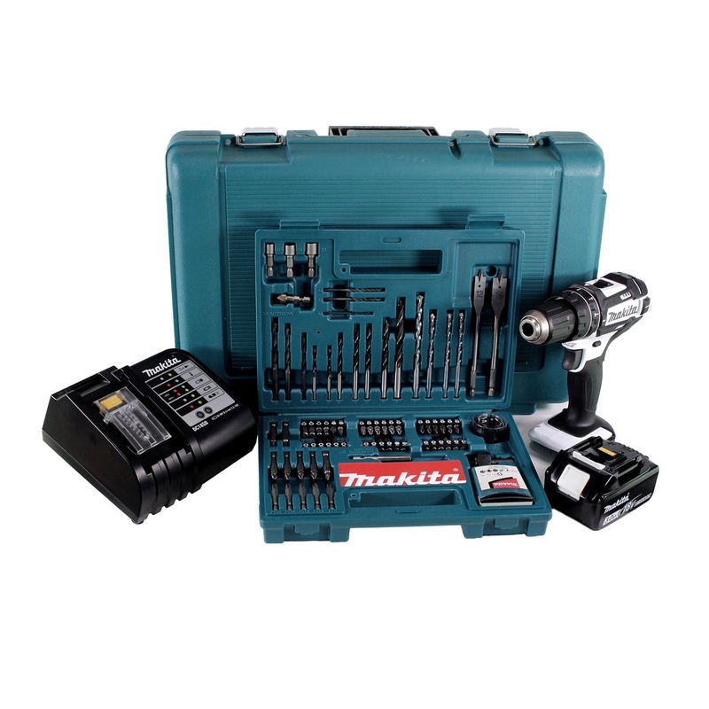Makita DHP 482 SFK W Taladro percutor inalmbrico 18 V 62 Nm + 1x batera 3,0 Ah + cargador + juego de brocas de 100 piezas + estuche