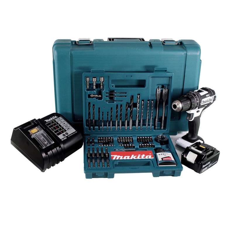 Makita DHP 482 SGK W Taladro percutor inalmbrico 18 V 62 Nm + 1x batera 6,0 Ah + cargador + juego de brocas de 100 piezas + estuche