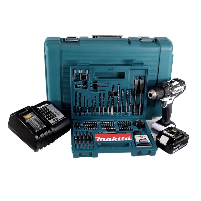 Makita DHP 482 STK W Taladro percutor inalmbrico 18 V 62 Nm + 1x batera 5,0 Ah + cargador + juego de brocas de 100 piezas + estuche