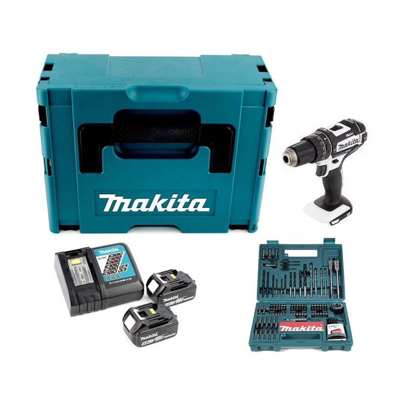 Makita DHP 482 W RTJ - Taladro de impacto inalmbrico de iones de litio de 18 V en Makpac + 2 bateras de 5,0 Ah + cargador rpido + juego de brocas y brocas Makita B-53811 100 piezas