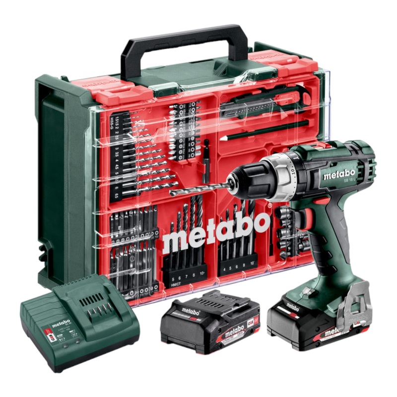 Metabo SB 18 L set taladro percutor inalmbrico 18 V 50 Nm (602317710) + 2x bateras 2,0 Ah + cargador + taller mvil 78 piezas + maletn