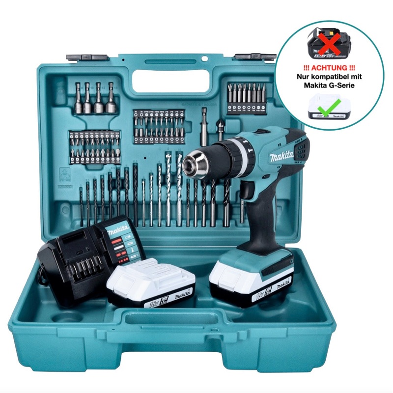 Taladro combinado inalmbrico Makita HP 457 DWE10 18 V 42 Nm G-Series + 2x batera 1.5 Ah + cargador + juego de brocas de 74 piezas + maletn