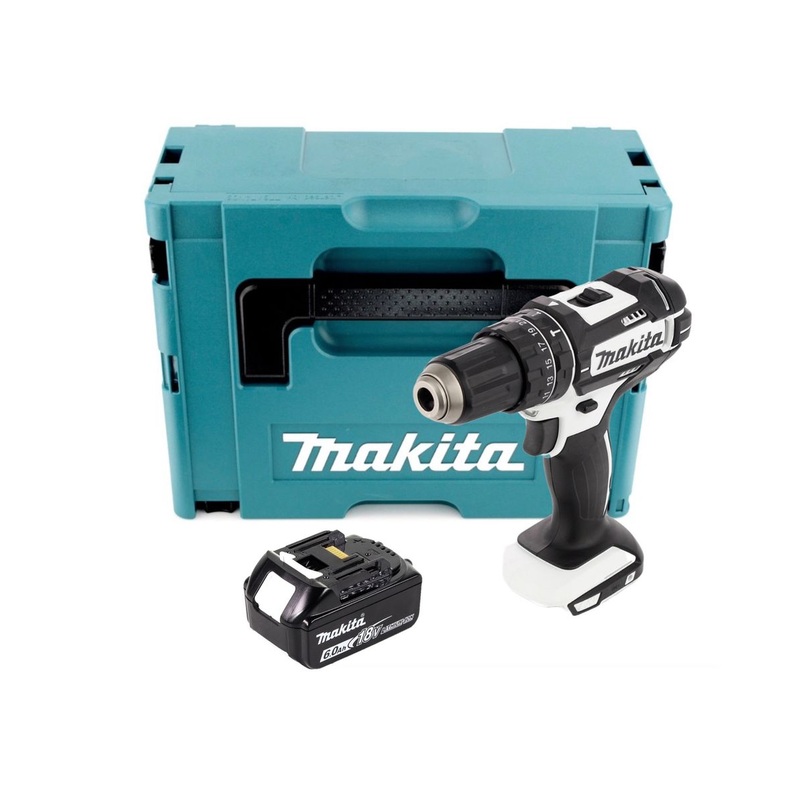 Taladro de impacto inalmbrico Makita DHP 482 G1J W 18 V 62 Nm blanco + 1x batera 6.0 Ah + Makpac - sin cargador