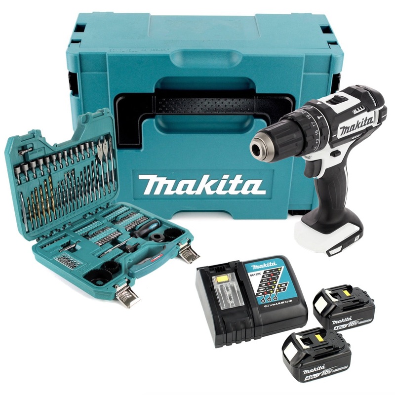 Taladro de impacto inalmbrico Makita DHP 482 RMJW 18 V 62 Nm blanco + 2x batera 4.0 Ah + cargador + juego de brocas y brocas de 100 piezas + Makpac