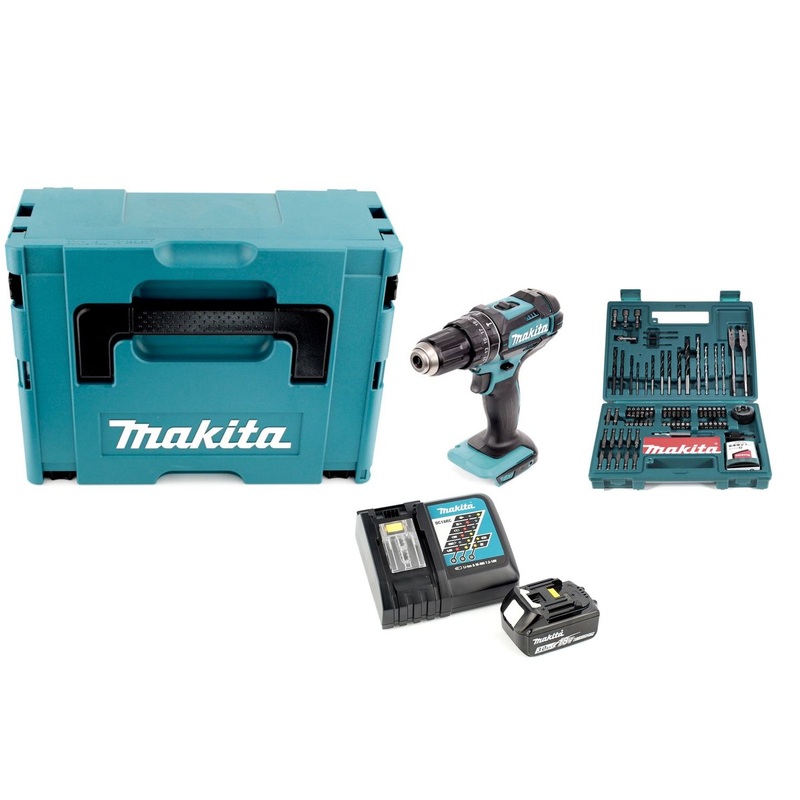 Taladro percutor inalmbrico Makita DHP 482 RF1J 18 V 62 Nm en Makpac + batera 3,0 Ah + cargador + juego de broca y taladro 100 piezas
