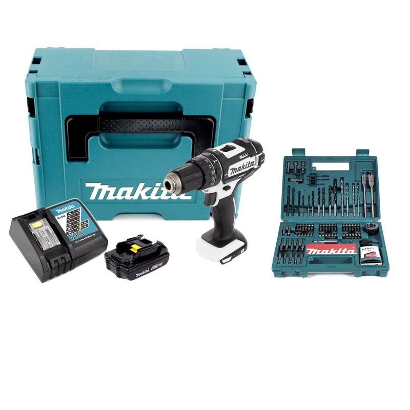 Taladro percutor inalmbrico Makita DHP 482 RF1J W 18 V 62 Nm en Makpac + batera 3.0A h + cargador rpido + juego de broca y broca Makita B-53811 100 piezas