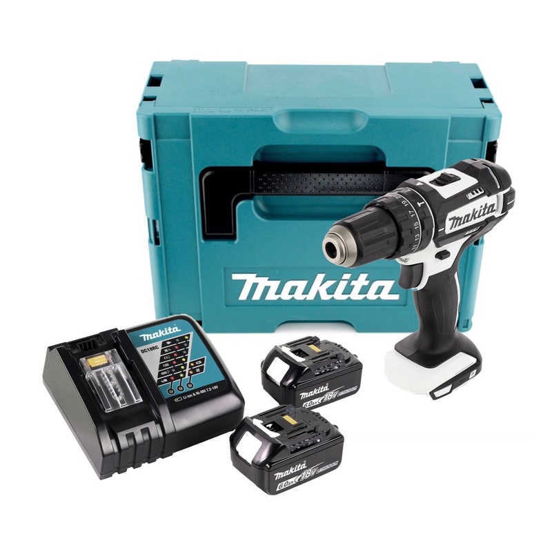 Taladro percutor inalmbrico Makita DHP 482 RGJ W 18 V 62 Nm blanco + 2x batera 6.0 Ah + cargador + Makpac