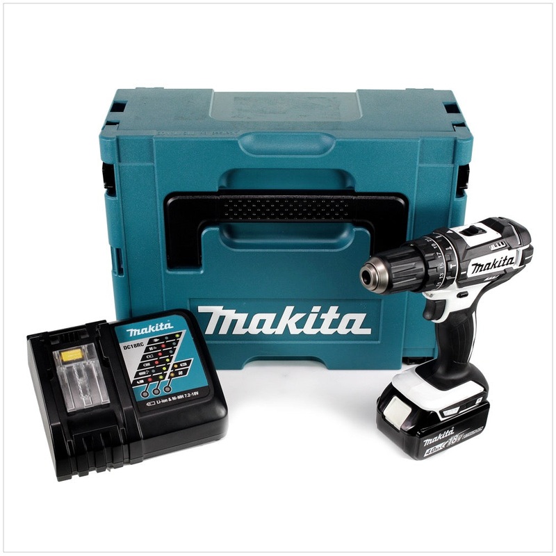 Taladro percutor inalmbrico Makita DHP 482 RM1J W 18 V 62 Nm en Makpac + 1 batera de 4,0 Ah + cargador