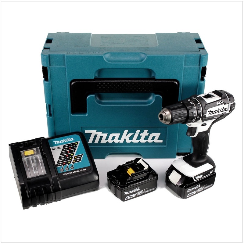 Taladro percutor inalmbrico Makita DHP 482 RMJ W 18 V 62 Nm en Makpac + 2 bateras de 4,0 Ah + cargador
