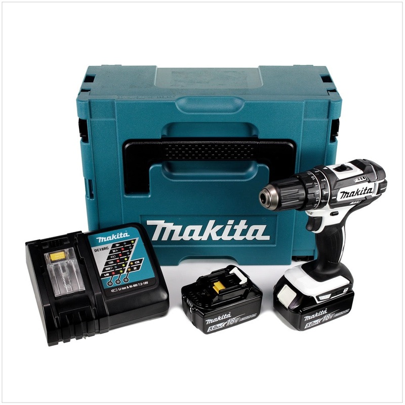 Taladro percutor inalmbrico Makita DHP 482 RTJ W 18 V 62 Nm + 2 bateras 5,0 Ah + cargador en Makpac 2