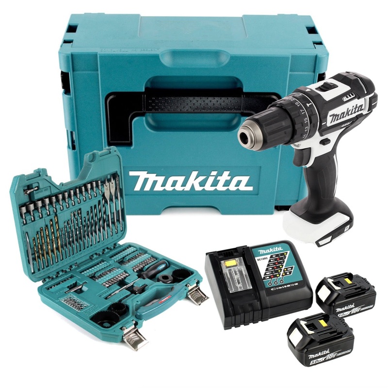 Taladro percutor inalmbrico Makita DHP 482 RTJ W 18 V 62 Nm en Makpac + 2 bateras de 5,0 Ah + cargador + juego de brocas y brocas de 101 piezas
