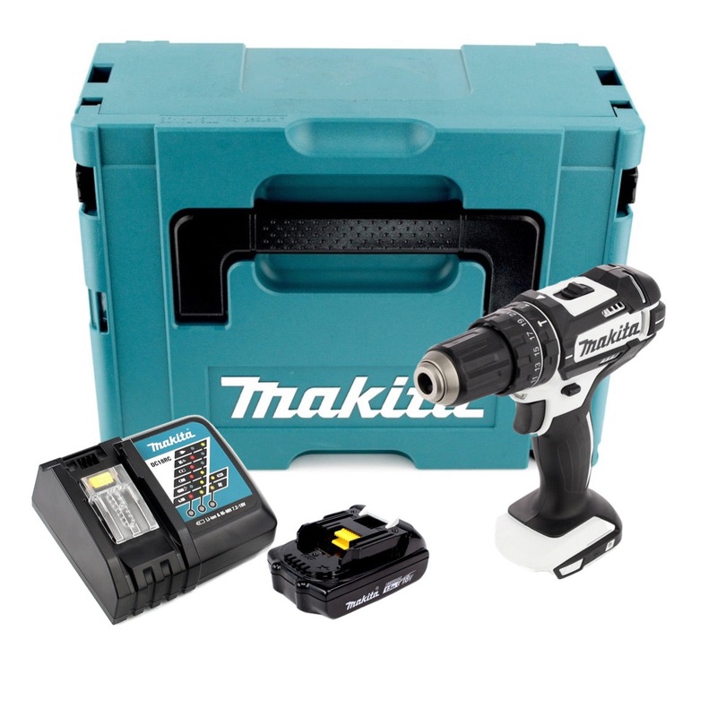 Taladro percutor inalmbrico Makita DHP 482 RY1J W 18 V 62 Nm en Makpac + 1 batera de 1,5 Ah + cargador
