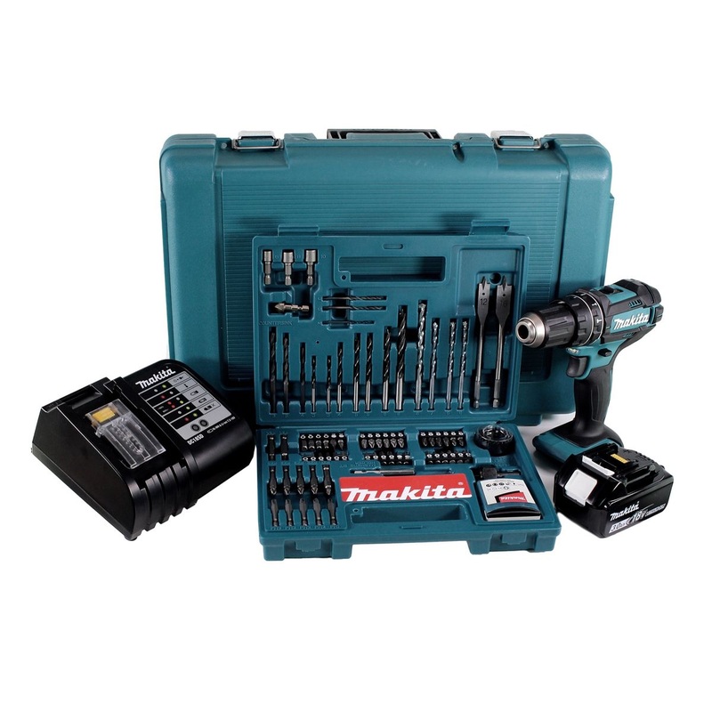 Taladro percutor inalmbrico Makita DHP 482 SFK 18 V 62 Nm + 1x batera 3.0Ah + cargador + juego de brocas de 100 piezas + estuche