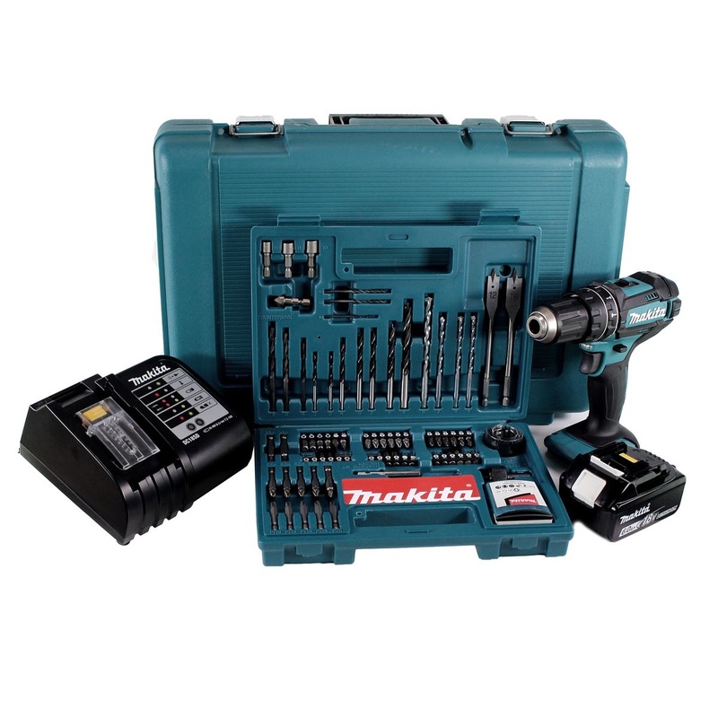 Taladro percutor inalmbrico Makita DHP 482 SGK 18 V 62 Nm + 1x batera 6,0 Ah + cargador + juego de brocas de 100 piezas + estuche