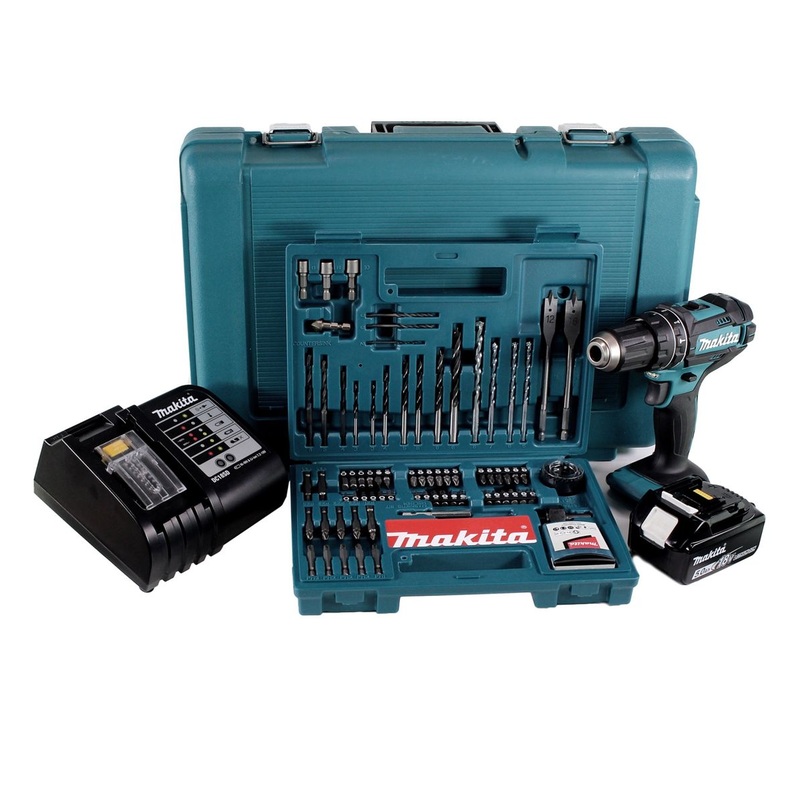 Taladro percutor inalmbrico Makita DHP 482 STK 18 V 62 Nm + 1x batera 5,0 Ah + cargador + juego de brocas de 100 piezas + estuche